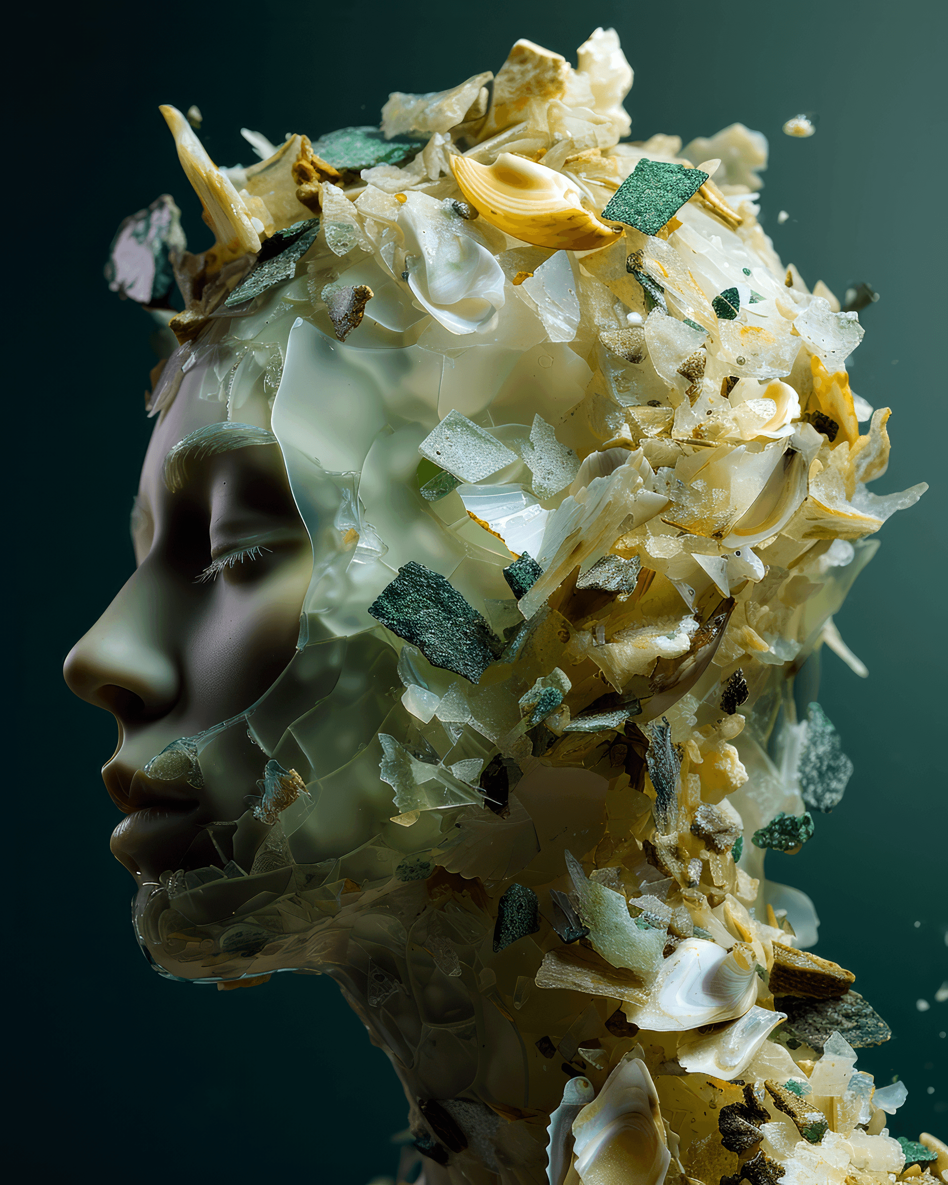 AI generated: the anatomy of a woman's head made of yellowish-green transparent variety of olivine domino pieces a...