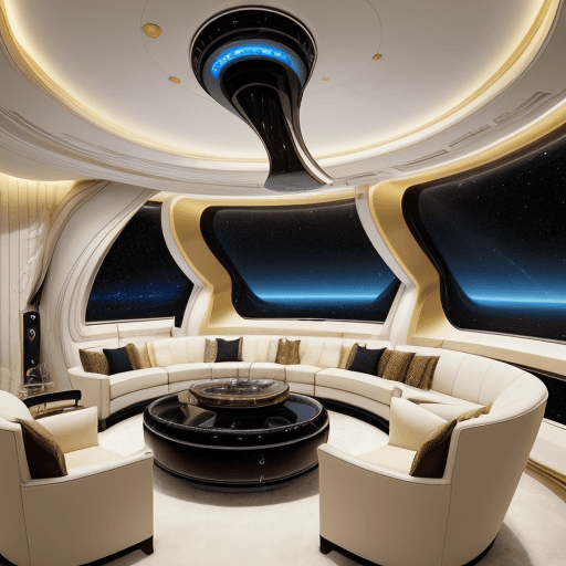 AI generated: This luxurious living room on a space ship boasts a panoramic window that wraps around one entire wa...