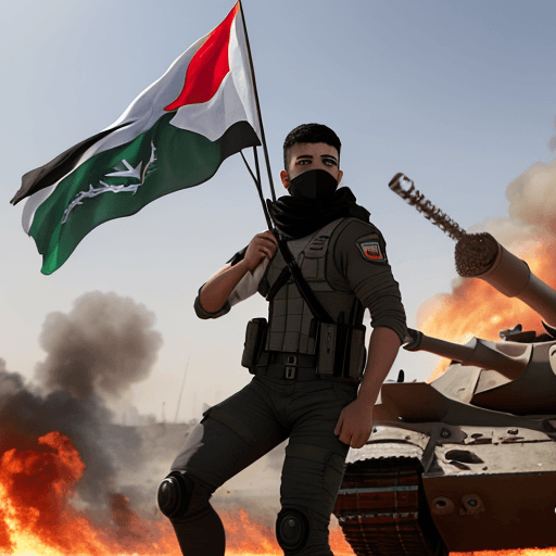 AI generated: A young Palestinian resistance man, masked, next to a burning military tank, explosions. (Raising th...