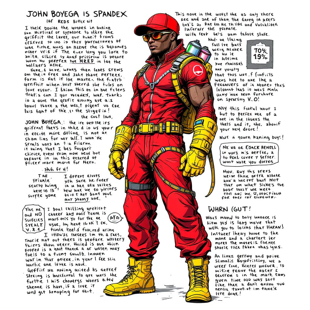 AI generated: Hyper real JOHN BOYEGA IN A RED SPANDEX SUIT, WITH YELLOW GLOVES AND BOOTS , SUNGLASSES AND RED BACK...