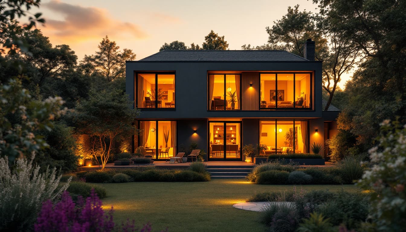 AI generated: Photorealistic image of a modern UK house at dusk, warm glowing lights spilling from the windows. Th...