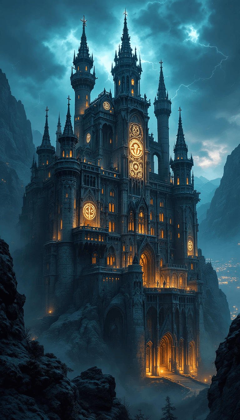 AI generated:  Imagine a massive, ancient castle, rising from a rocky crag, seen fully from ground level upward, i...