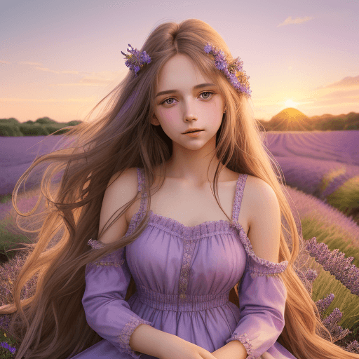AI generated: A beautiful girl in a lavender dress, in the middle of a field full of purple flowers, with sunset l...