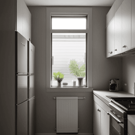 AI generated: Magazine style photo, looking towards a sink under a window, with a door on the left of the sink wit...