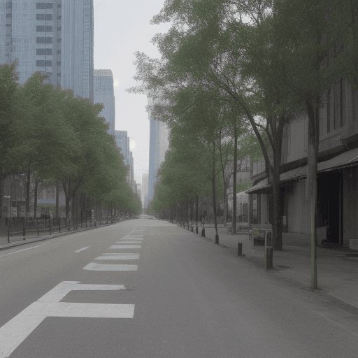AI generated: In perspective, on the right side of the road leading to a city with tall buildings on a narrower ro...