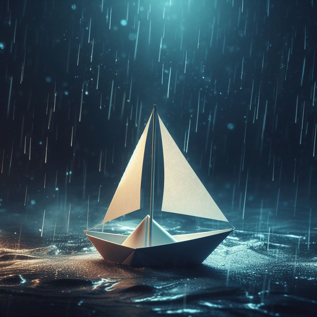 AI generated: A paper boat floating on a river at rainy night, volumetric lighting, 4k.