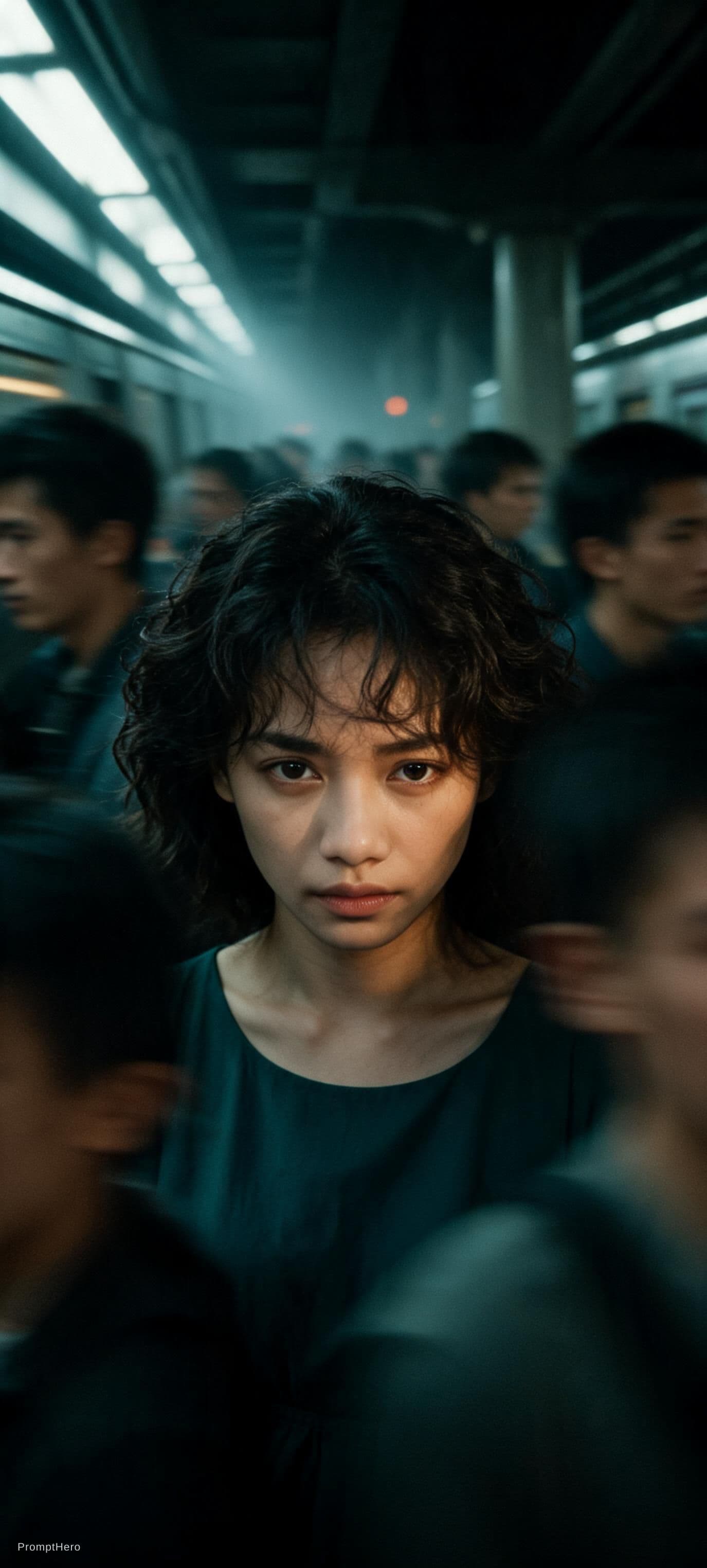 AI generated: Cinematic editorial portrait of a young women in her early twenties standing motionless at the
cente...