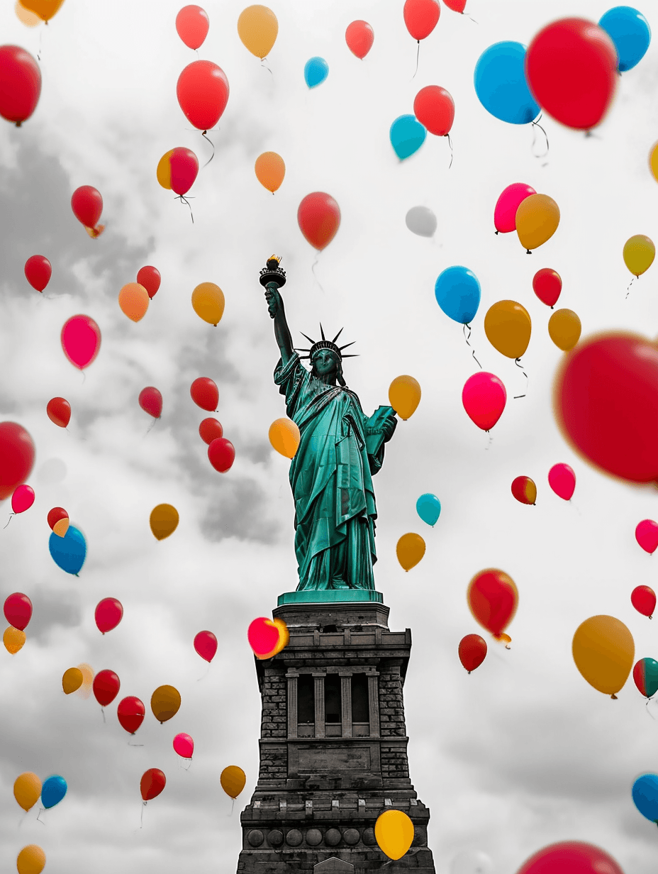 AI generated: pop art style of Statue of Liberty and many balloons are floating, 8k, photo realism, --ar 3:4