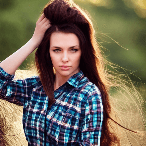 AI generated: A half Body Photo of a beautiful brunette Scottish girl, green eyes, messy beehive hair style, natur...