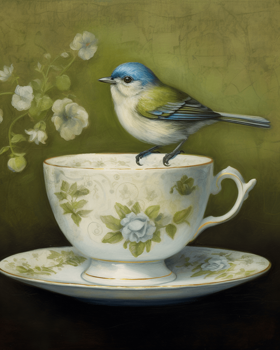 AI generated: A cute little blue bird perched on the edge of an elegant green and white teacup, with tiny snowflak...