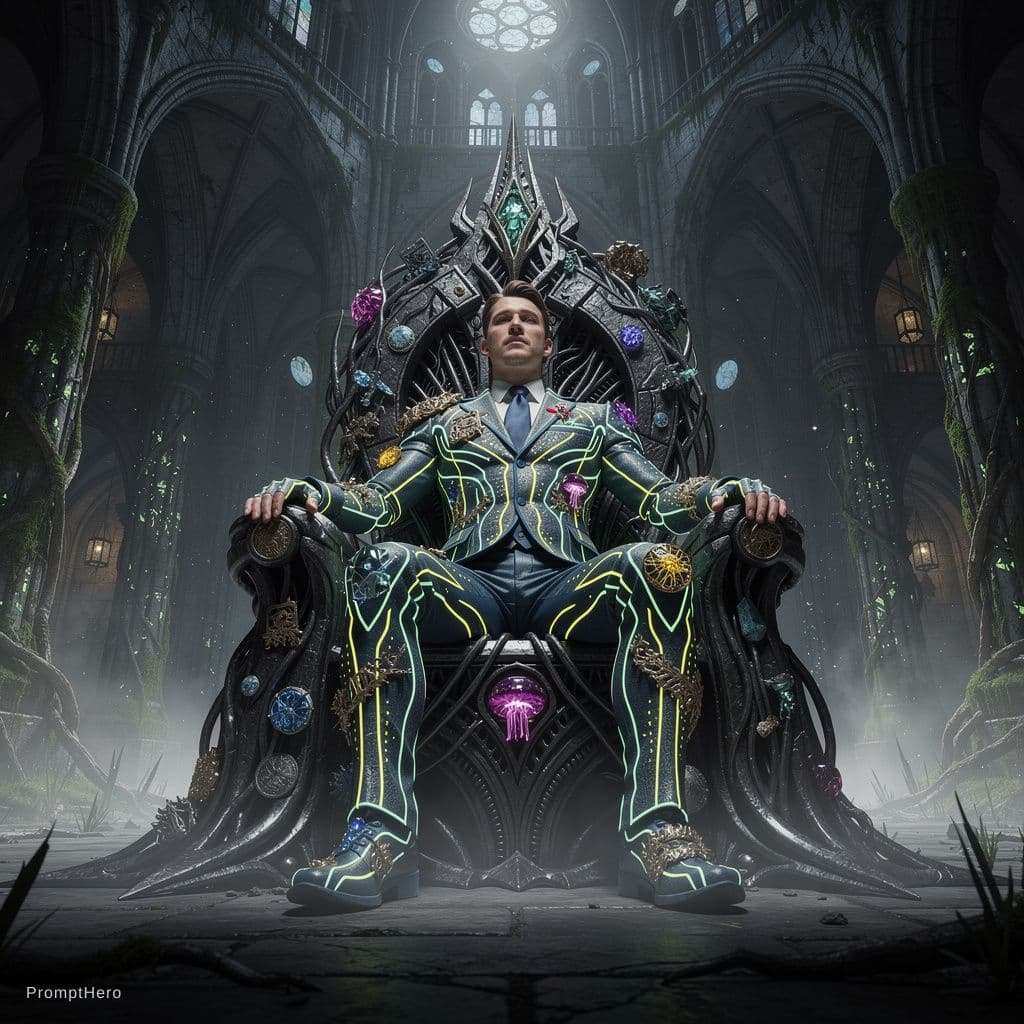 AI generated: Full-body, extreme low-angle heroic POV shot. Hyper-realistic cinematic image of a brilliant, comman...
