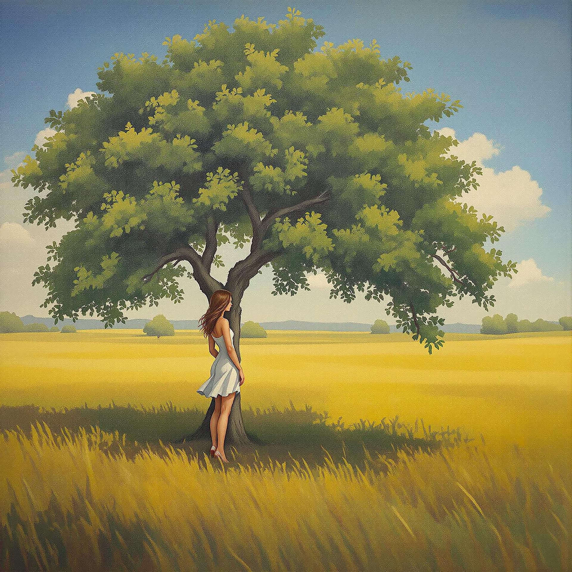 AI generated: Painting of a woman standing under a tree in a field

