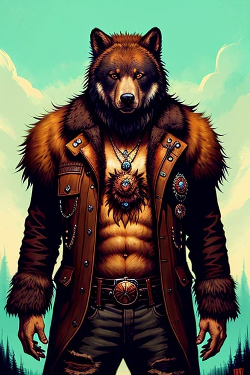 AI generated: monster hybryd bear and wolf punk, style of Halil Ural