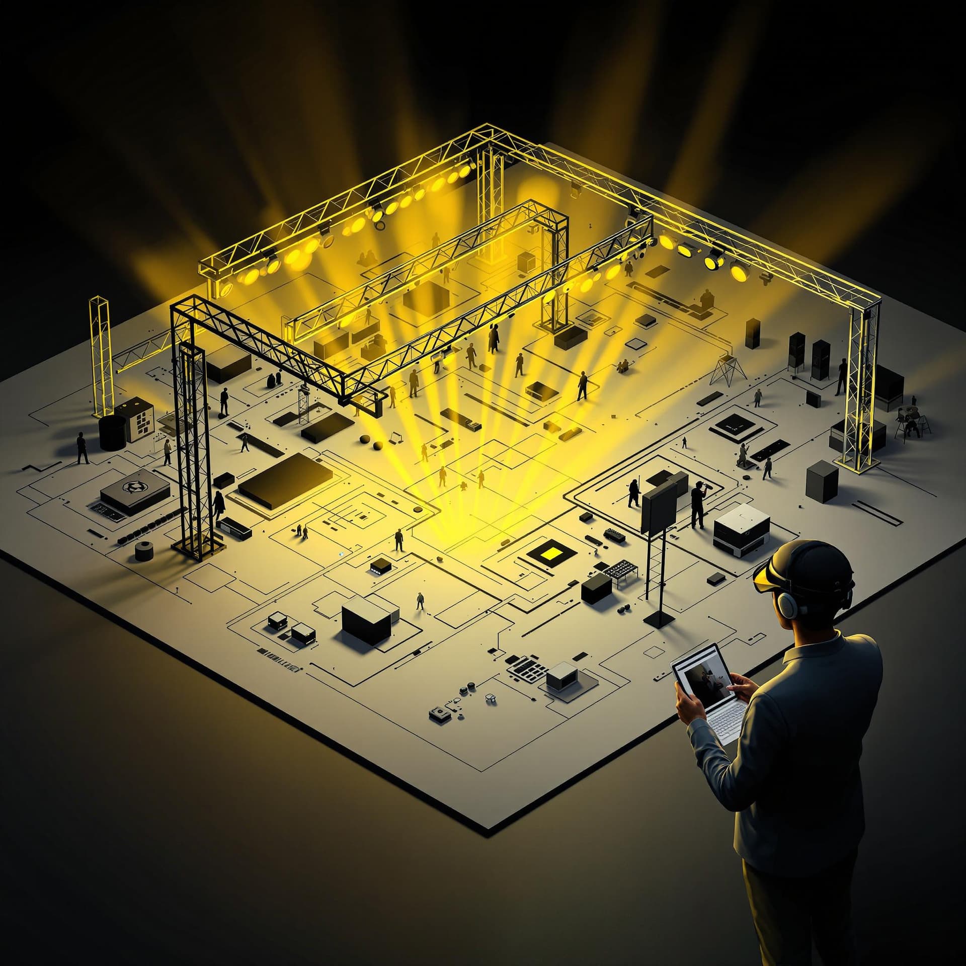 AI generated: Un plan technique de scène en 3D, avec structures alu (truss), projecteurs, et points d’accroche bie...