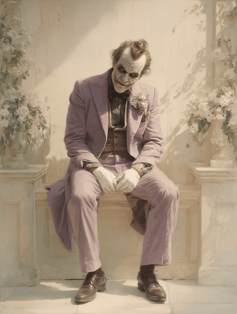 AI generated: portrait of the Joker, middle-aged, Caucasian male, seated on a light beige wooden bench in a sun-dr...