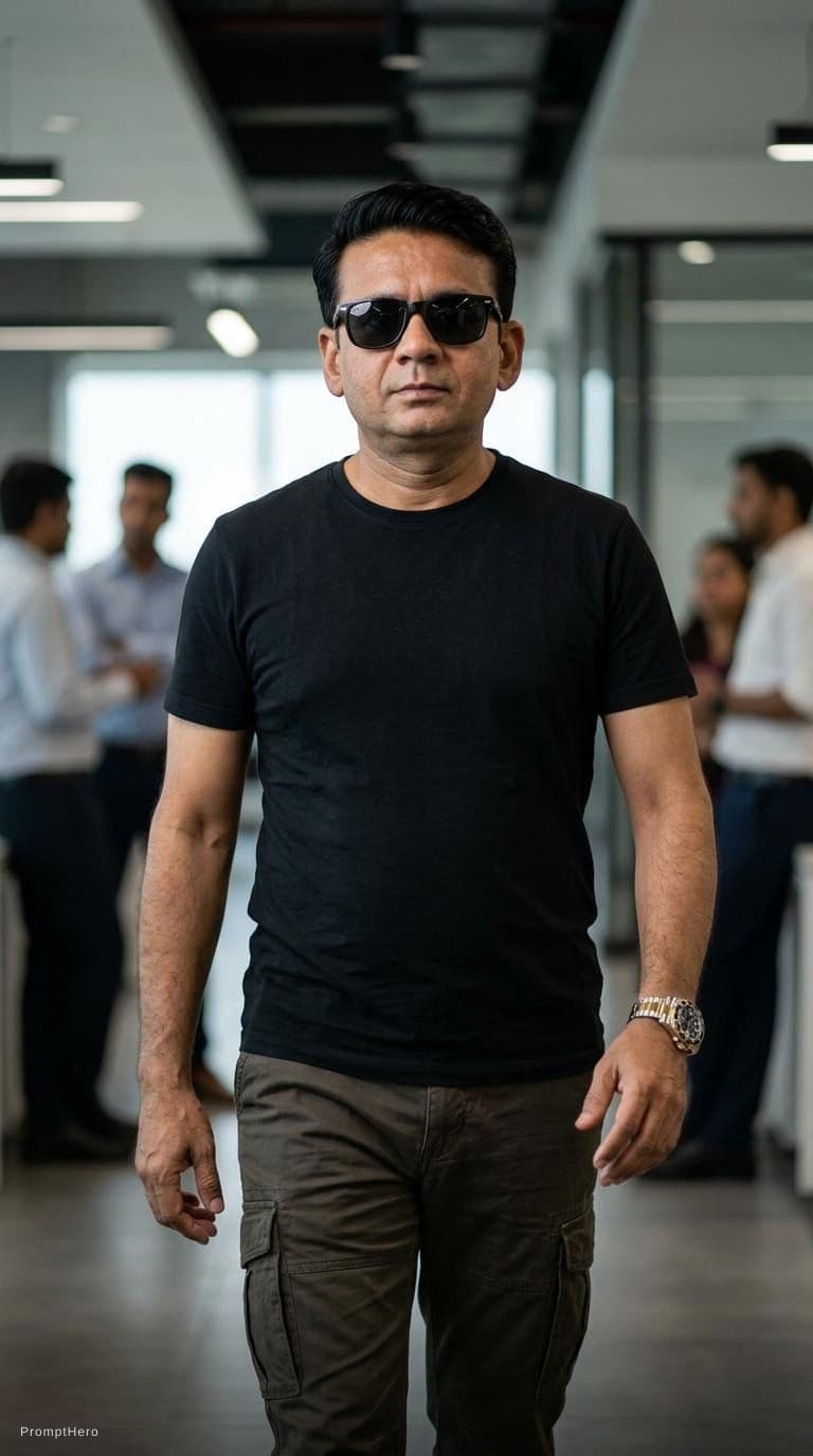 AI generated: Ultra-realistic cinematic full-body portrait of a confident Indian man around 40 years old with a sl...