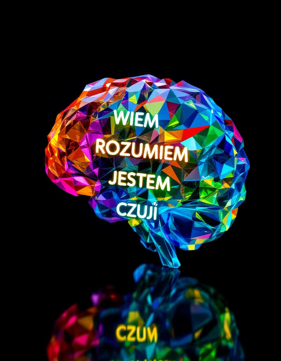 AI generated: a colorfull crystal model of human brain on which there are glowing subtitles "WIEM" "ROZUMIEM" "JES...