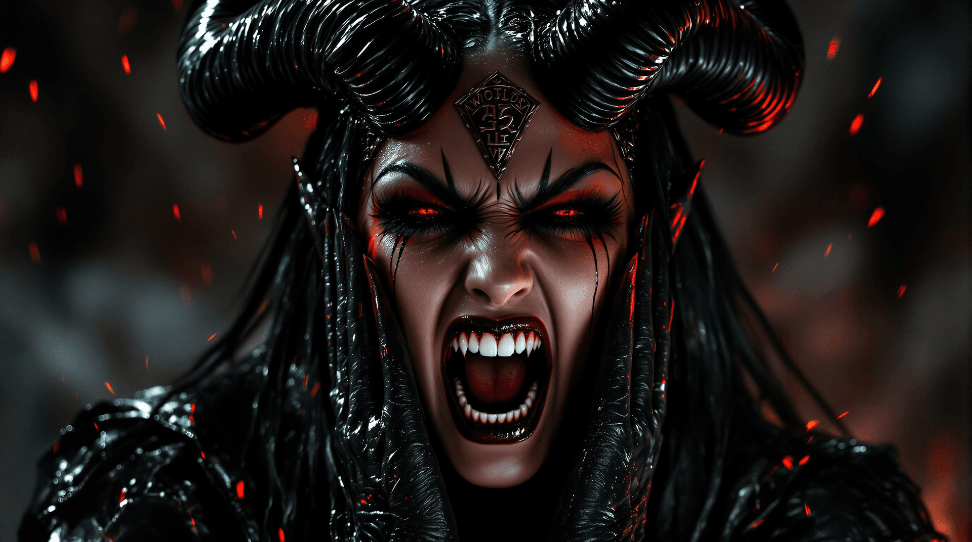 AI generated: An extreme close-up, Record cover-art portrait of **Lilith (A female demon in a dramatic portrait. S...