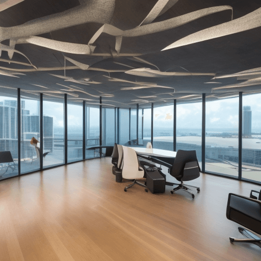 AI generated: A modern, high-end office in Miami with large, floor-to-ceiling windows showcasing a bright daytime ...