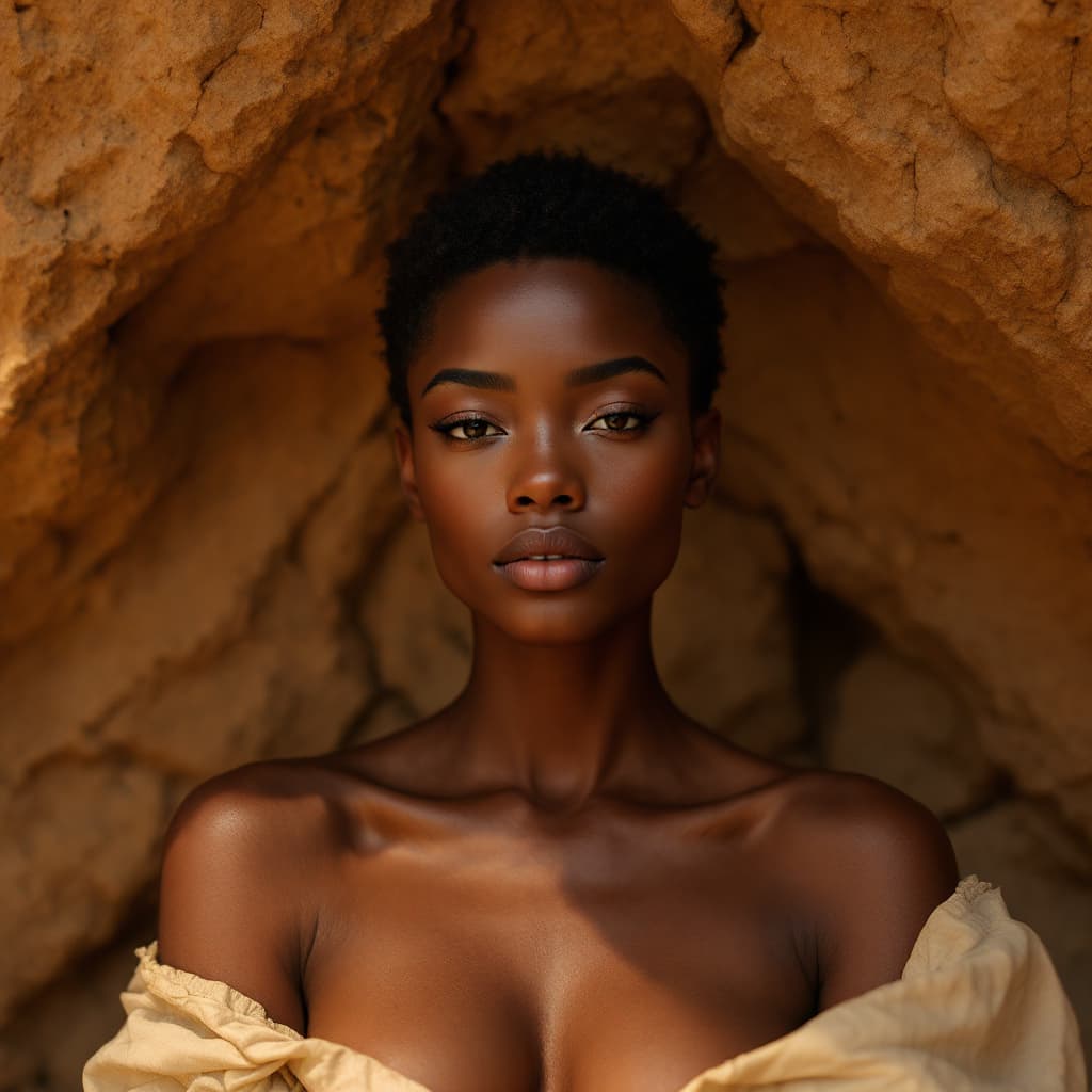 AI generated: Black woman, androgynous features, short natural hair, shown from the shoulders up, directly facing ...