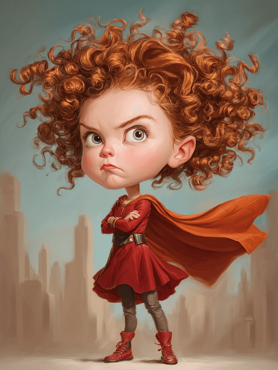 AI generated: funny caricature, tiny superhero girl caricature, young caucasian female, 5 years old, with red curl...