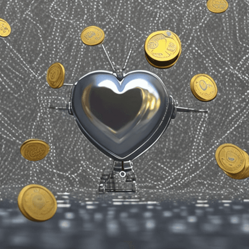 AI generated: A robot with a coin or token in place of a heart inside its metallic chest, standing in front of a b...
