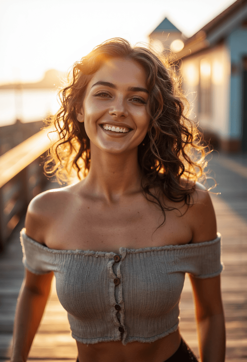 AI generated: A captivating woman stands on the weathered wooden planks of a seaside boardwalk, bathed in the gold...