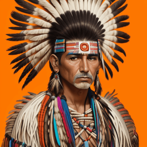 AI generated: c
hombre guerrero indio cherokee con miles de plumas de colores, are digital full color 