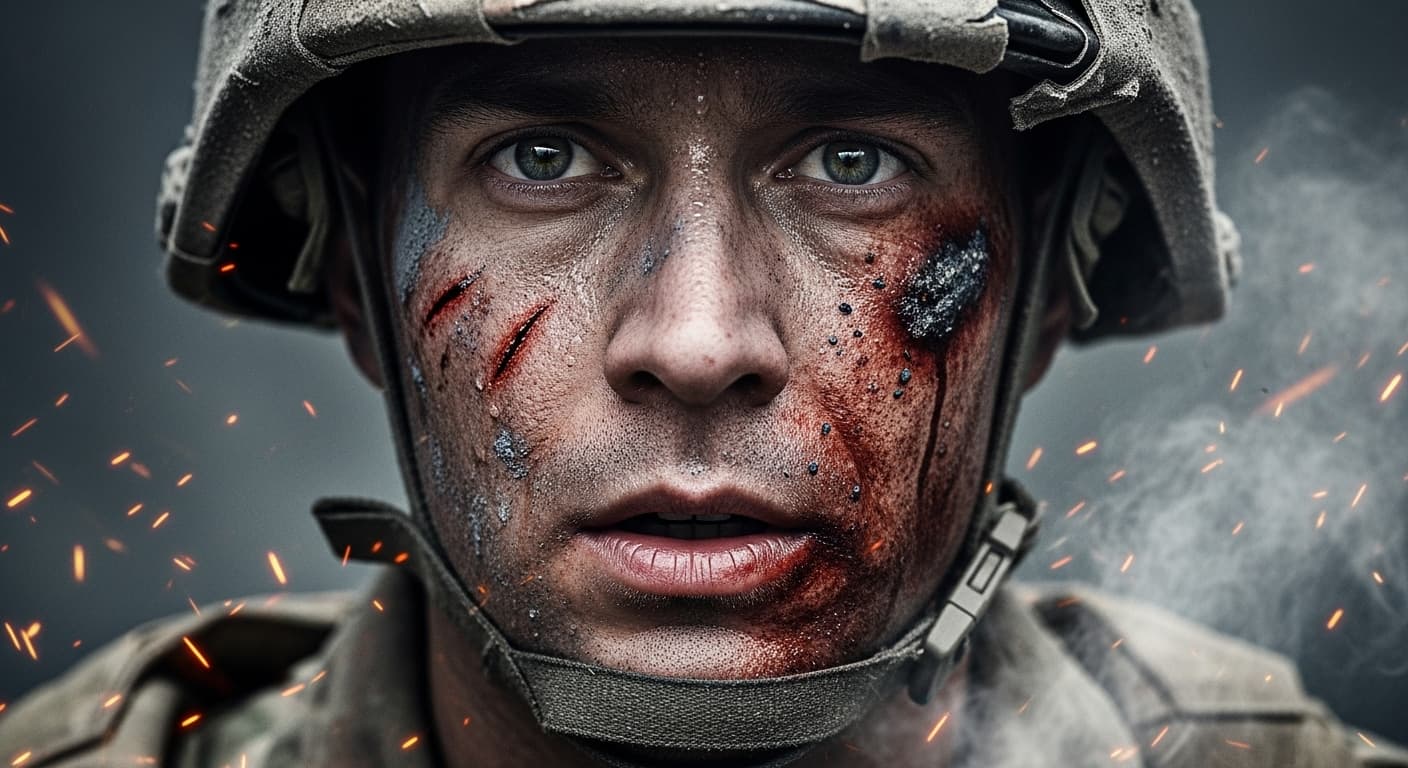 AI generated: A battle-hardened soldier in a dramatic close-up, his face covered in ash, blood, and sweat after su...