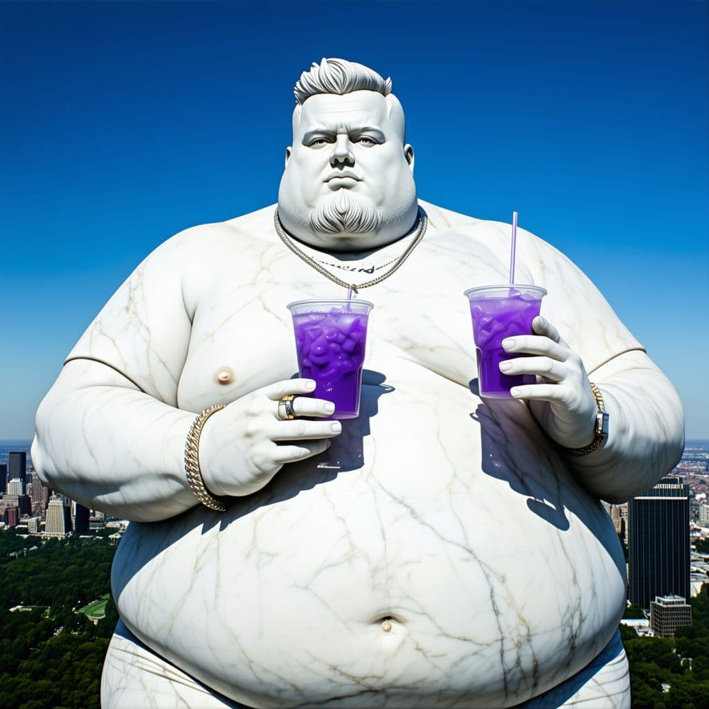 AI generated: fattest obese american rapper in the world without a beard and with short hair, holding a purple dri...