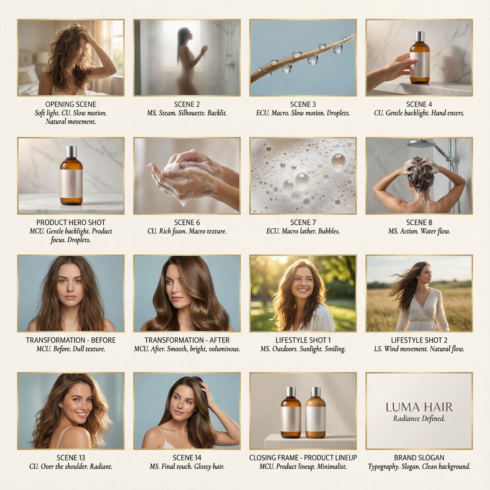 AI generated: “A full cinematic storyboard for a high-end shampoo commercial, 12–16 frames. Include:

Opening scen...