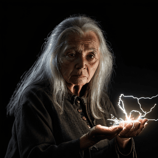 AI generated: An image of a very tired old woman, seamstresses, long hair, black background settings, lightning fl...