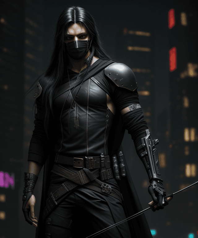AI generated: Cyberpunk, robin hood, metal bow, stylish, masked, dark clothes, black long hair, male, kapiszon, hi...