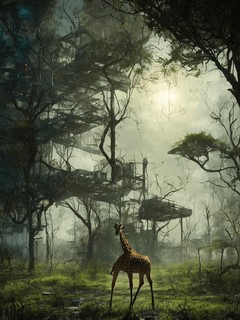AI generated: A beautiful Giraffe in a dystopian post-apocalyptic colorful city overgrown with vegetation, reflect...
