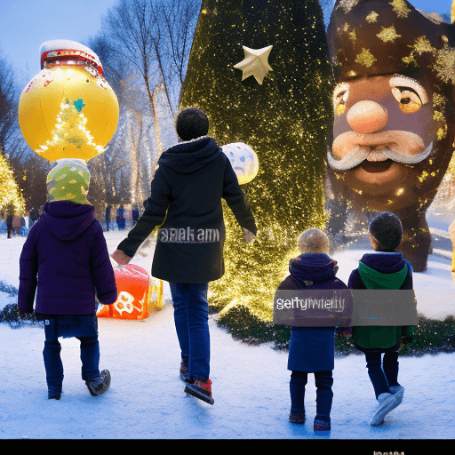 AI generated: Des enfants et des adultes courent (de dos) en direction d'un parc d'attraction avec des jeux gonfla...