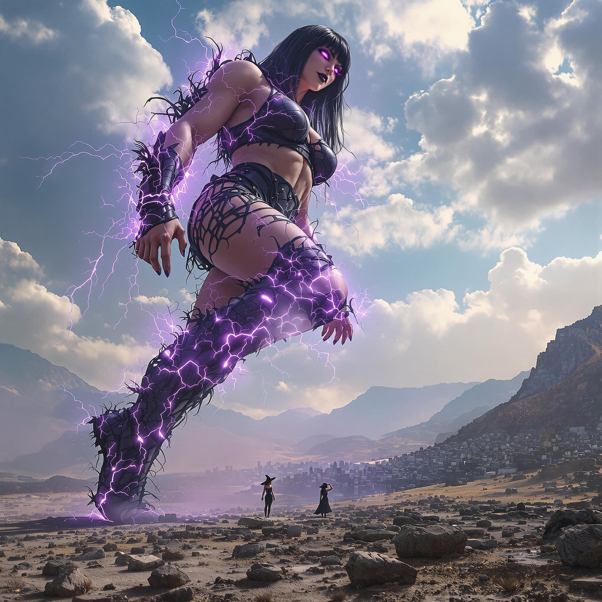 AI generated: enormous giantess female Rhea Ripley from WWE with black medium length hair and straight bangs, bigg...