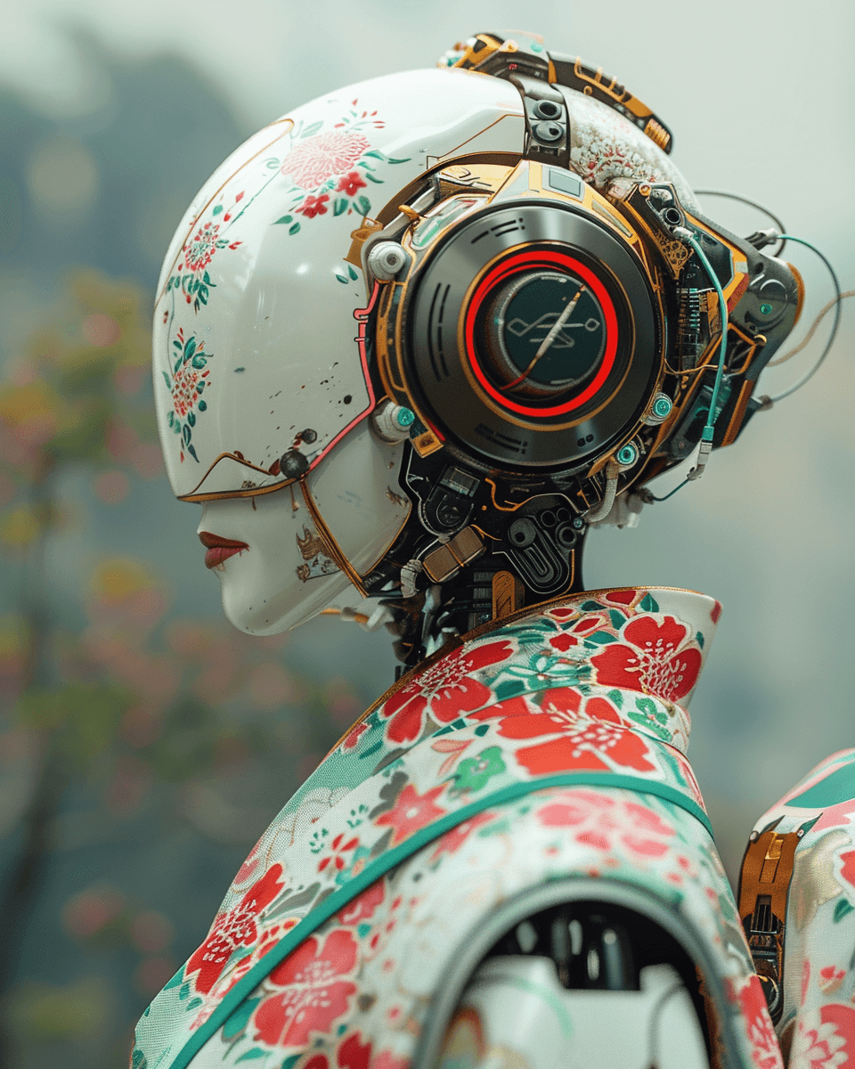 AI generated: Cyberpunk humanoid robot geisha, flower kimono, very colorful, depressed look, hypermaximalist, eleg...