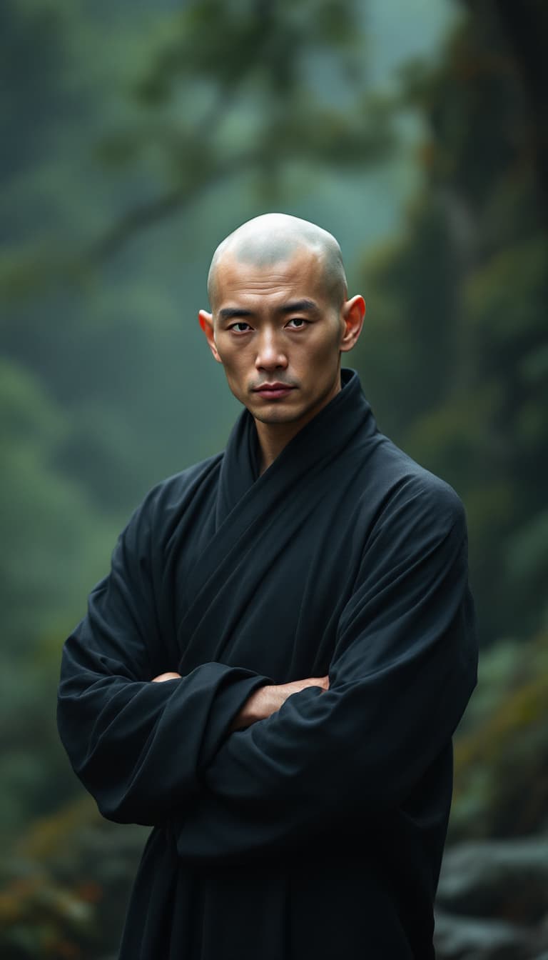 AI generated: photograph, portrait of a zen monk directly looking at the camera, standing a meditational yoga pose...