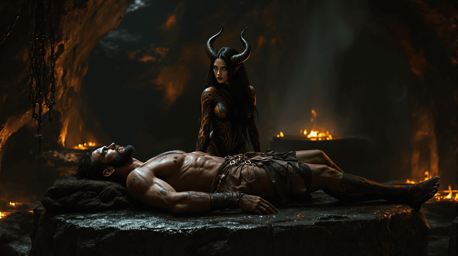 AI generated: Two figures on a stone altar in a dark cave: an exhausted muscular male warrior lying on his back, c...