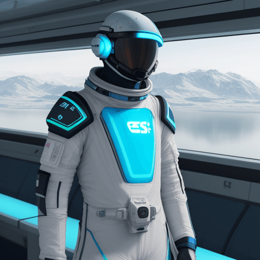 AI generated: Photo of a ultra realistic future space outfit, ESS als buchstaben auf dem aunzug sichtbar, farben d...