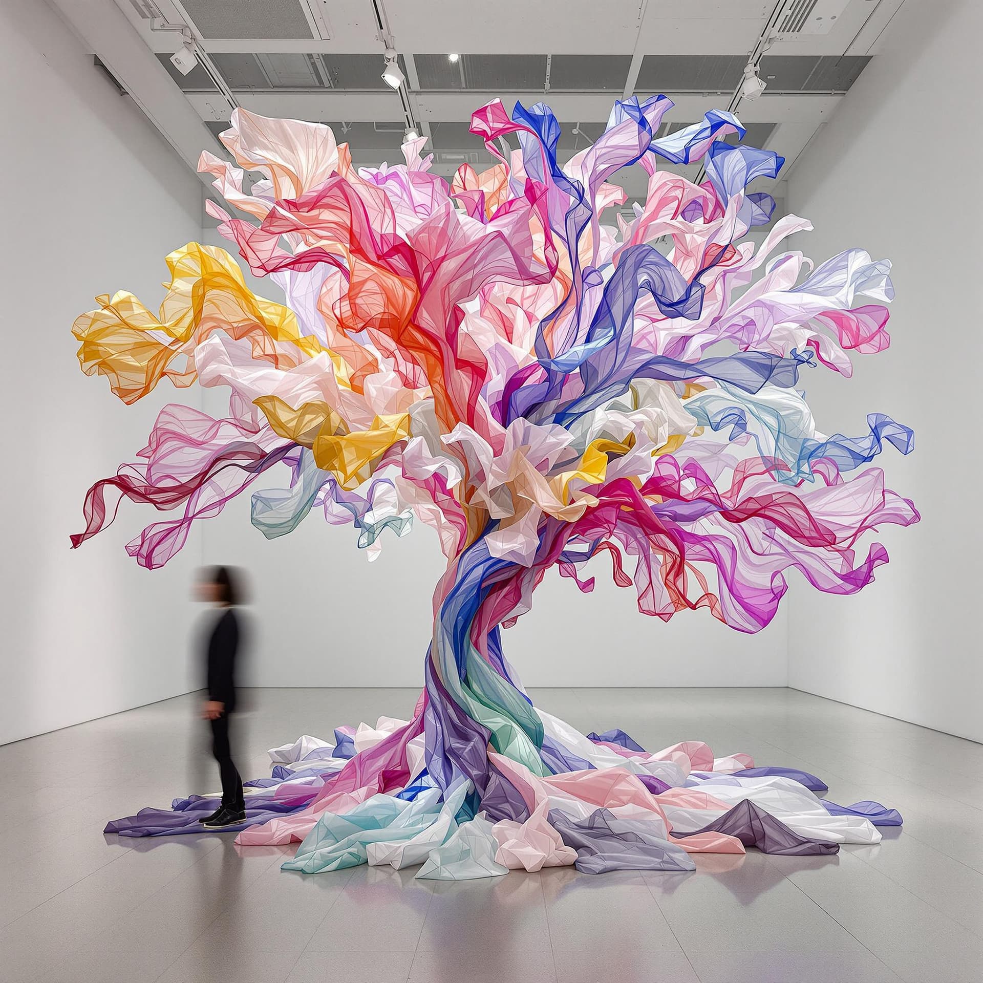 AI generated: 
Spatial design, colorful silk fabric sculpture located in indoor gallery in ethereal tree style, sp...