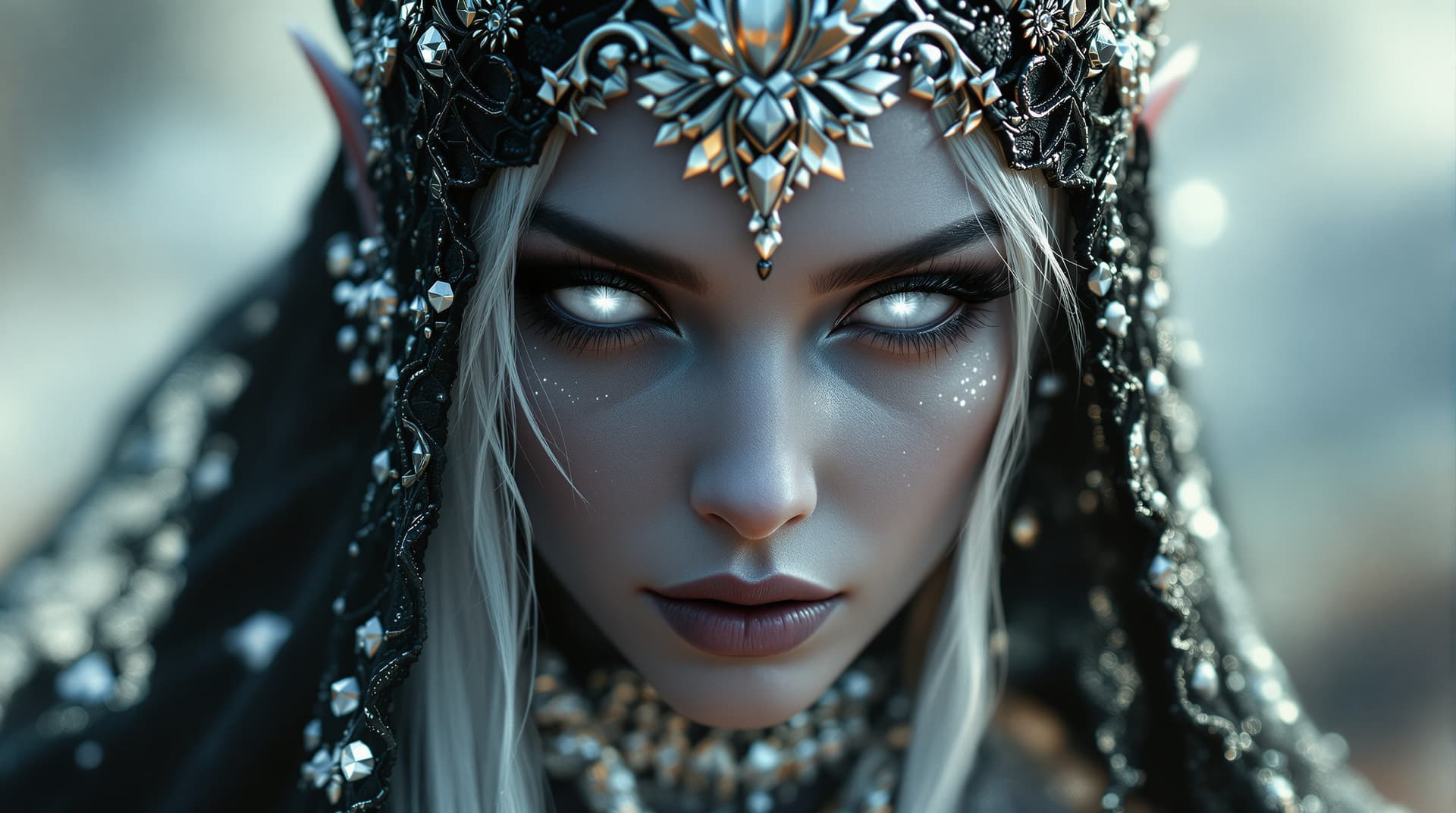 AI generated: photorealistic close-up portrait drow elf. sultry warrior, magic aura! ! ! , onyx skin, beautiful fa...