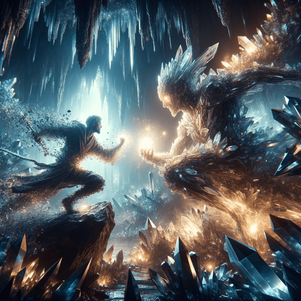 AI generated: Deep within an underground cavern, two figures engage in a dramatic battle. One manipulates crystals...