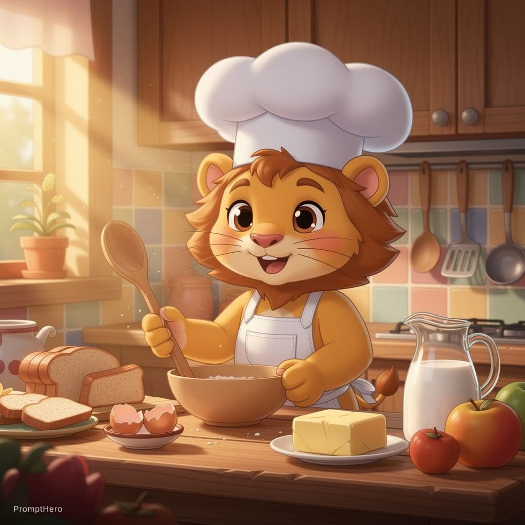 AI generated: Cute lion wearing a chef hat standing in a cozy kitchen, morning sunlight through the window, prepar...