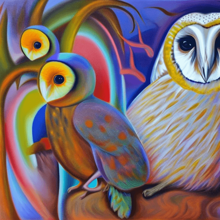 AI generated: Ralistic, ((Masterpiece, best quality)), cute barn owl in dream park, Picasso, oil painting, Ultra-H...