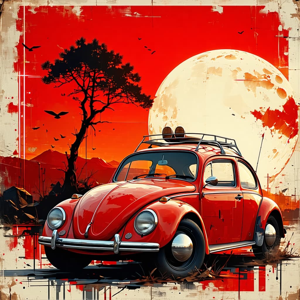 AI generated: vw beetle vintage poster,in the style of rustic simplicity,gritty reportage,kombuchapunk,rusty debri...