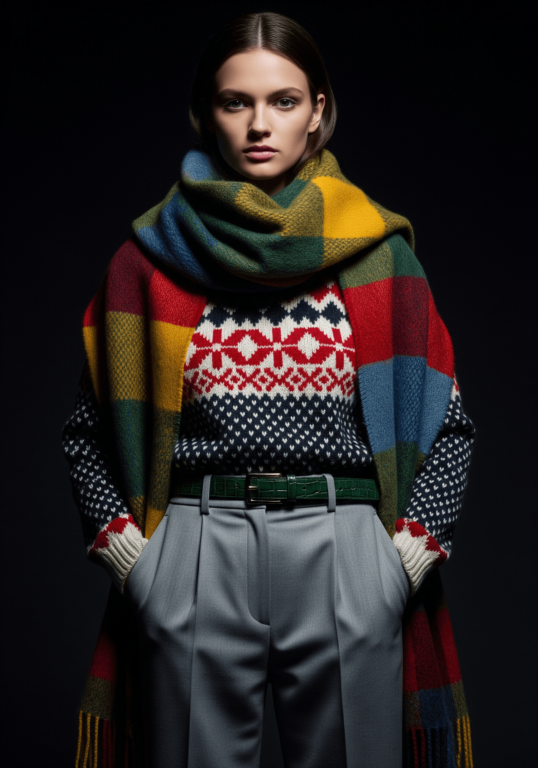 AI generated: A stunning, high-fashion portrait of a young woman wearing a complex, colorful Fair Isle knit sweate...