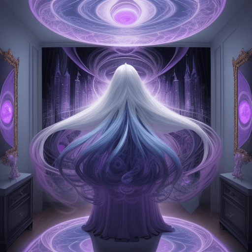 AI generated: A woman with long hair is standing on a nightstand and looking up at a virtual city, in the style of...