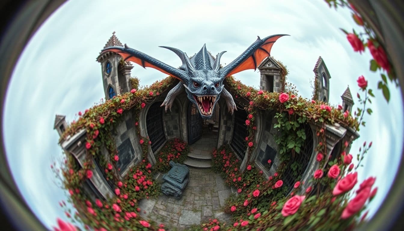 AI generated: Fisheye lens  aerial perspective perspective looking down from a birds eye view onto a dragon in fli...