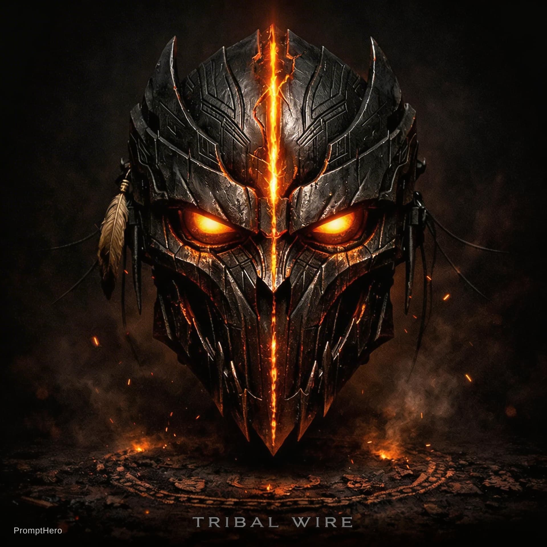 AI generated: A hyper-detailed cinematic album cover featuring a vertically dominant tribal metal mask as the cent...